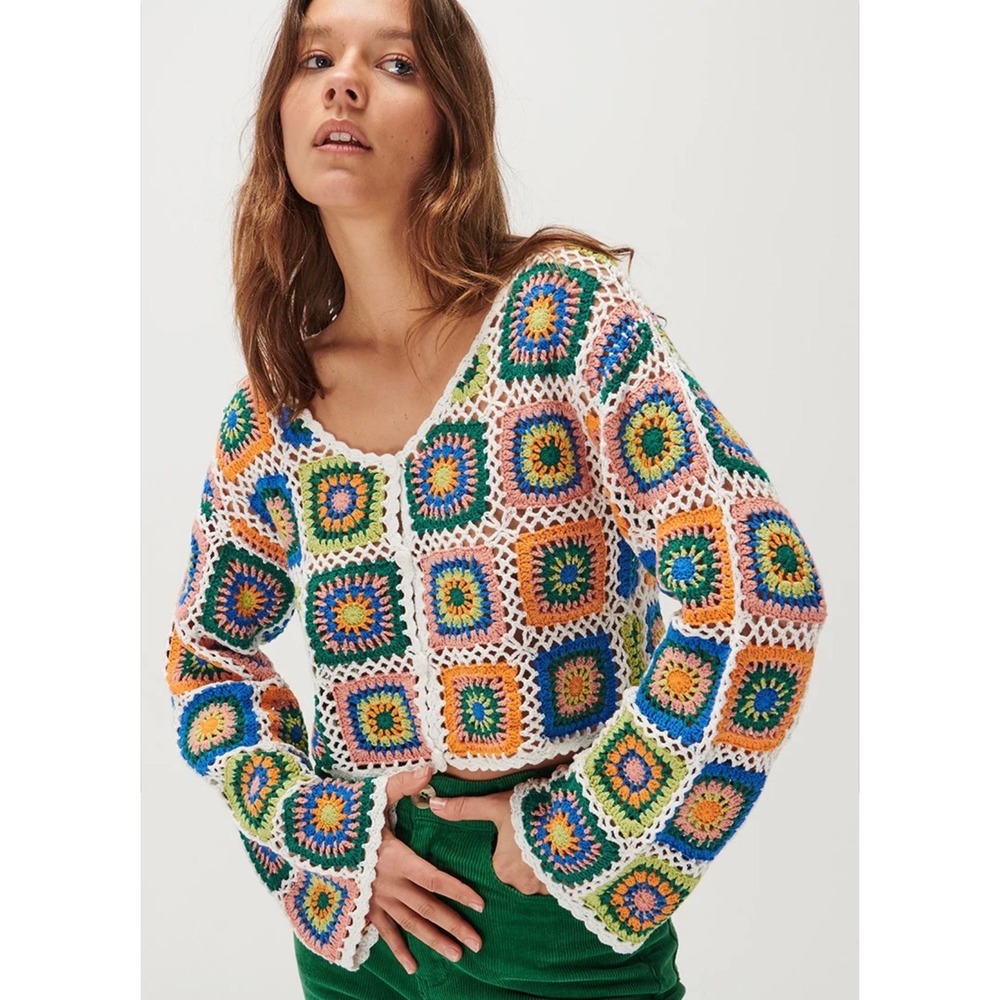 NWT Ghanda Craft Cardi Cardigan Granny Square Crochet Sweater Size L